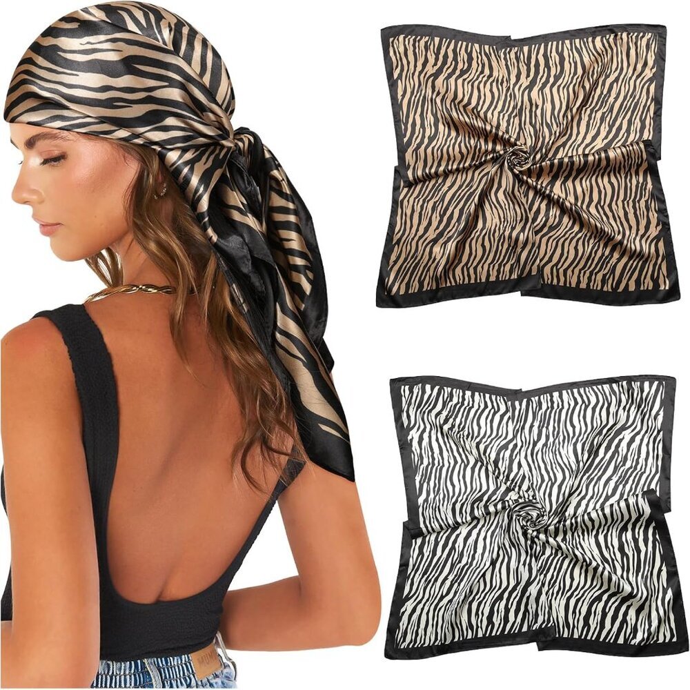 35” Large Satin Square Head Scarf - 2Pcs Silk Like Floral Head Scarves Square Sa